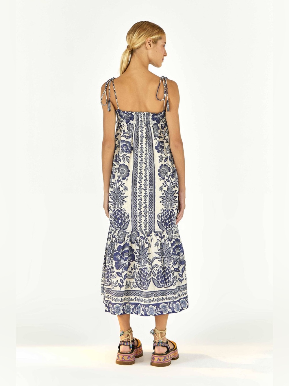 Farm Rio Blue Pineapple Garden Shoulder-Tie Midi Dress Size L - Picture 2 of 10